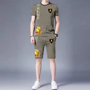 社会精神小伙潮流韩版 冰丝短袖 男士 短裤 两件套潮 休闲运动套装 夏季