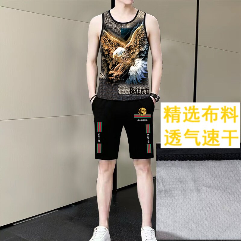 2026男士夏季薄款速干背心短裤套装潮流印花爆款背心百搭全套男装