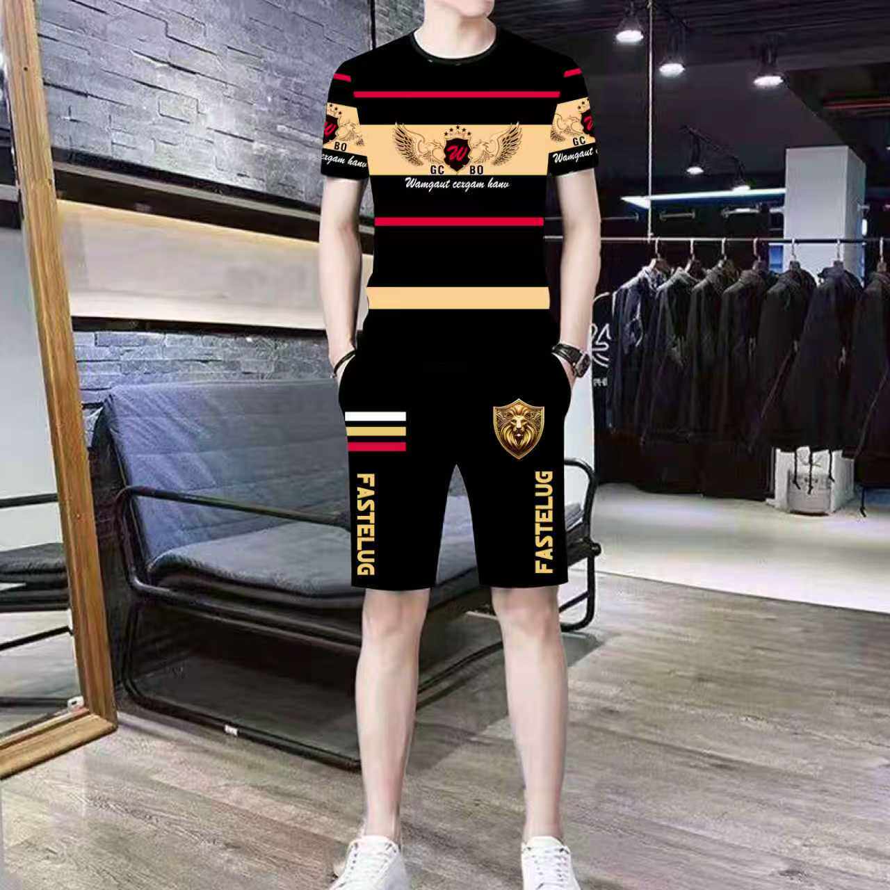 男士休闲运动套装2026年夏季新款圆领短袖短裤休闲帅气两件套潮