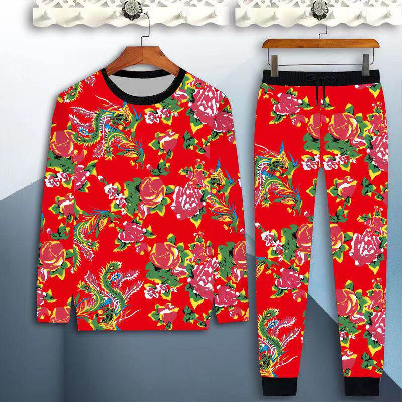 运动男士套装秋季新款休闲时尚长裤上衣长袖民族风印花潮牌两件套