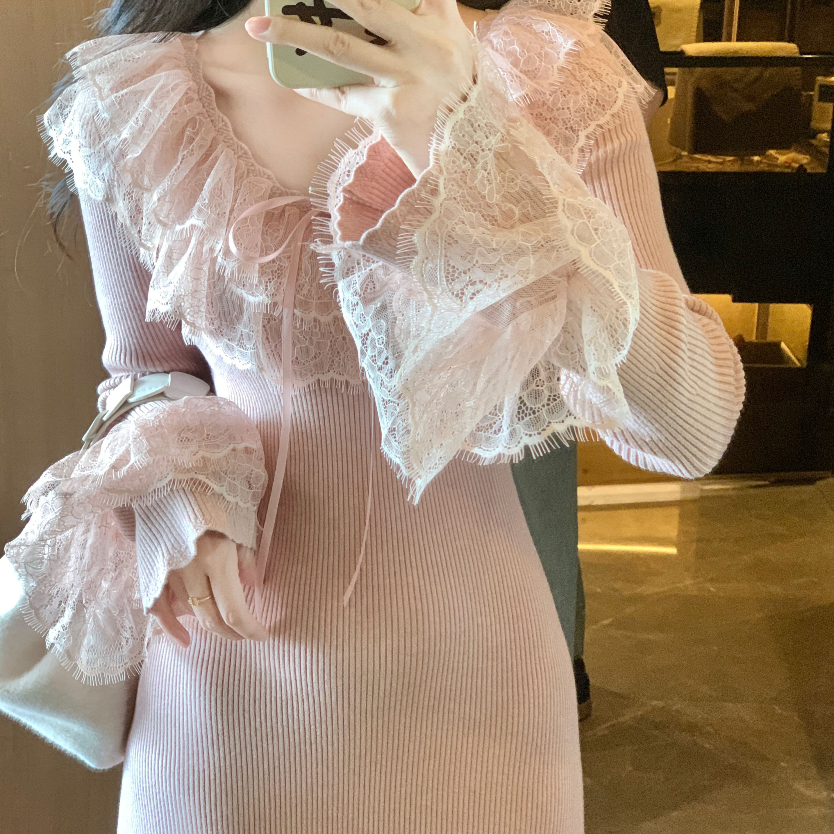 游小姿【柔雾】1蕾丝边针织连衣裙水貂毛开衫温柔甜美气质仙女风