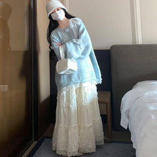 游小姿【白茶月光】蕾丝绑带拼接bling闪闪毛衣甜美穿搭仙气飘飘