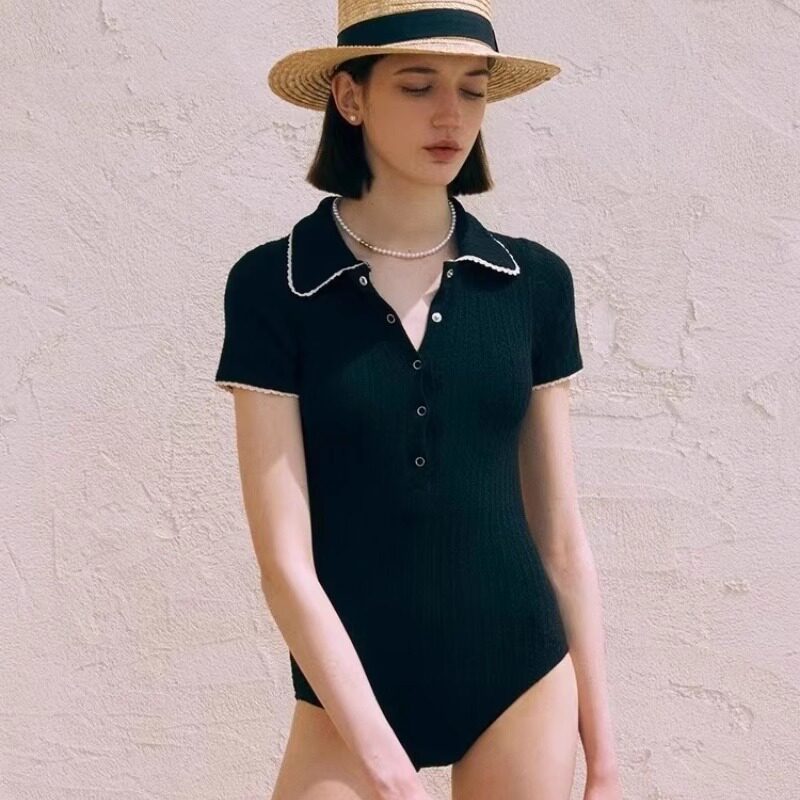 泳衣女2024年新款爆款性感短袖连体黑色女款保守显瘦遮肚绝美温泉