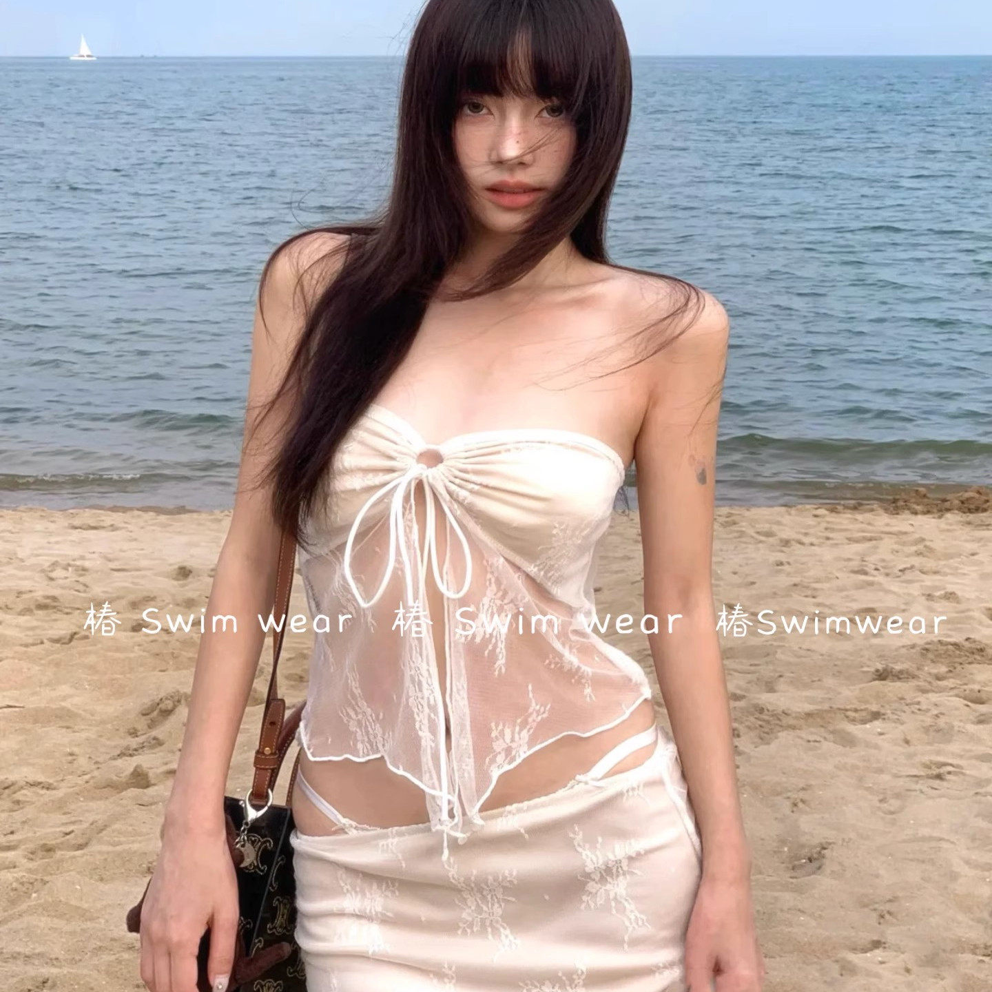 泰国新款小众设计感海岛度假拍照性感蕾丝抹胸分体长裙温泉泳衣女