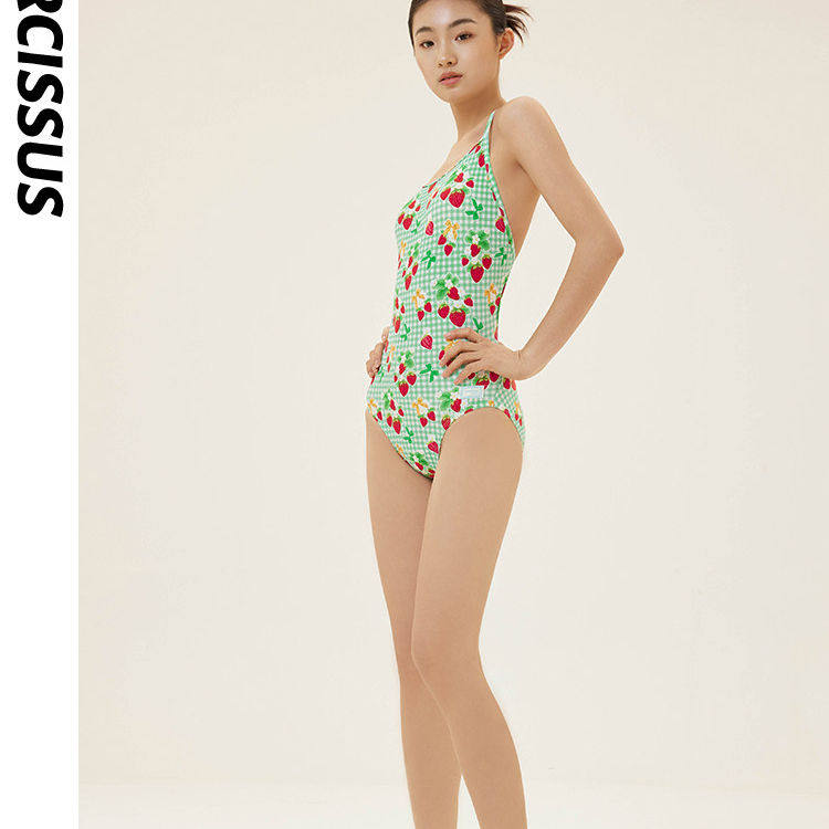 原创草莓泳衣清新新款连体竞速单层三角游泳衣运动游泳馆单层莱卡
