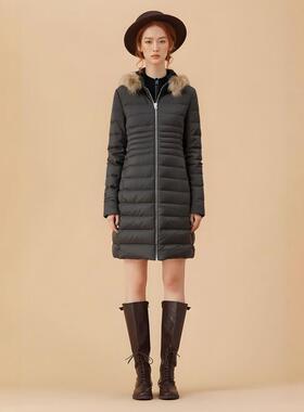 反季88元冬季中长款修身羽绒服女毛领连帽长袖90白鸭缝黑色