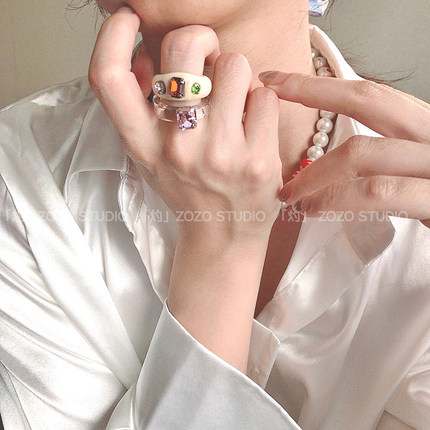 深夜徐老师同款ins韩国风糖果色YLYL亚克力树脂宝石透明少女戒指