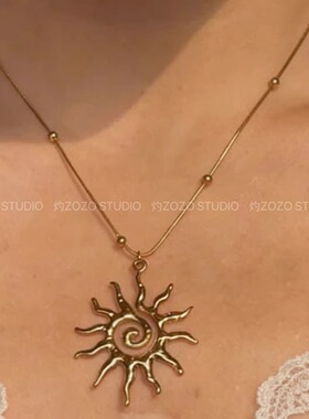 法式度假风INS风欧美风复古古埃及太阳神图腾钛钢金色太阳项链女