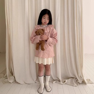 花样衣家女童中大童秋季新款韩系甜美风粉色波点娃娃领长袖衬衫