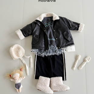 花样衣家男女童中大童冬季新款黑色毛翻领皮衣皮毛一体夹克外套