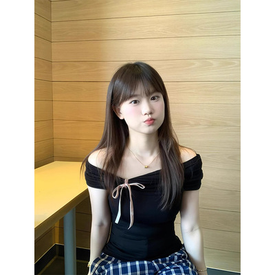 韩系蝴蝶结一字肩短袖t恤女夏季2025新款独特别致设计感甜辣上衣