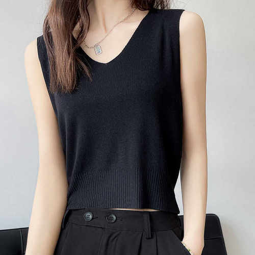 无袖内搭大码针织V领上衣打底