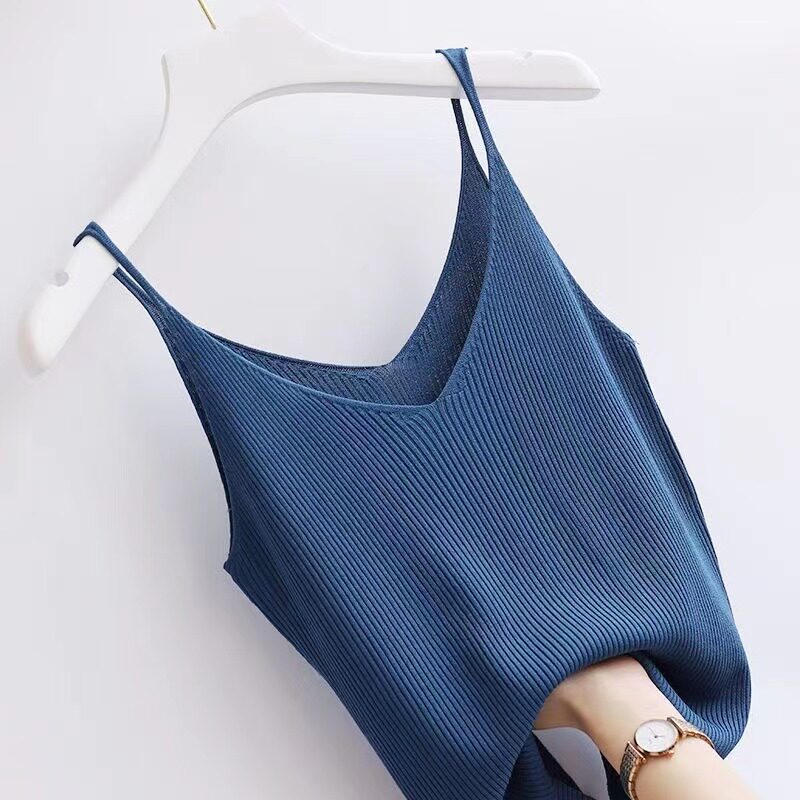 thumbnail for Large size camisole women's bottoming v-neck ice silk sexy short ribbed knitted all-match Hyun Ya wind top