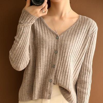 坑条针织开衫女100%纯羊毛