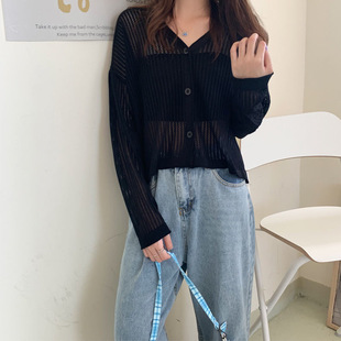 夏季镂空V领防晒冰丝外套女韩版宽松长袖针织开衫薄款外穿空调衫