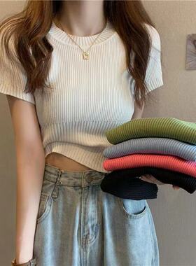 圆领白色针织衫女薄款2023夏季新款韩版修身显瘦套头短袖打底上衣