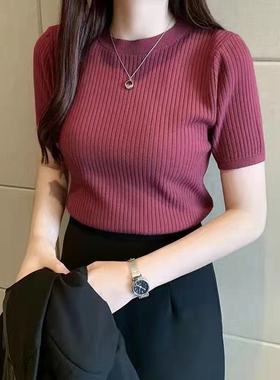 2023年新款韩版夏季修身针织衫短袖上衣女套头内搭短款圆领打底衫
