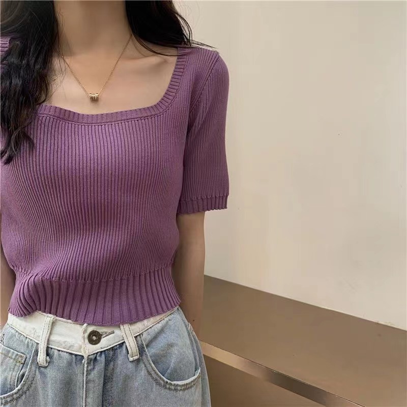 短袖方领上衣服女装2023新款春夏季冰丝针织衫薄款修身显瘦ins潮