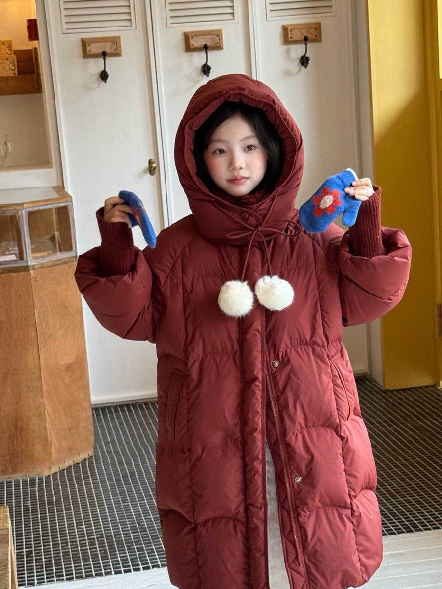 女童中长款羽绒服白鸭绒面包服冬季宽松舒适加厚外套连帽可拆卸