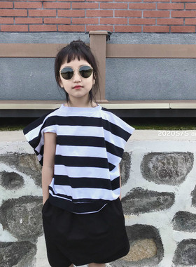 2020/7/13原创定制儿童男女童不对称条纹T恤半袖tee 五分裤套装