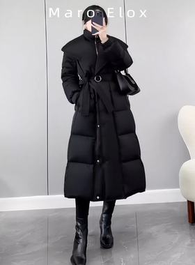 Maro Elox长款大翻领修身显瘦黑色鹅绒服女冬季时尚加厚保暖外套