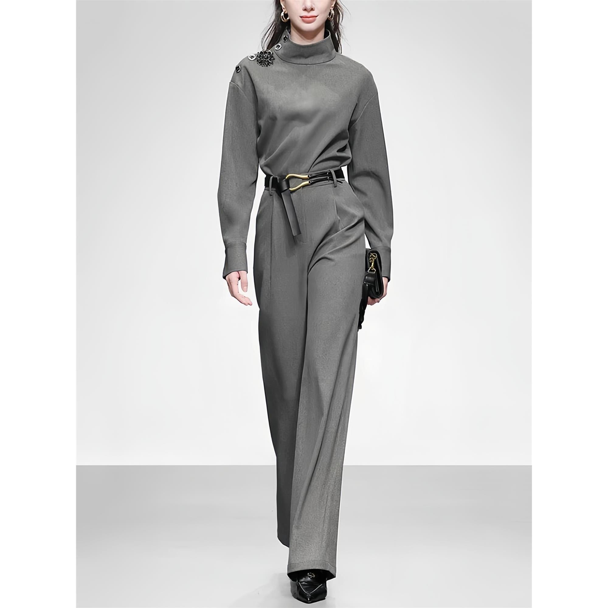 Design Fashion秋季轻奢女装气质立领宽松版衬衫高腰直筒长裤套装