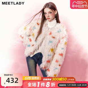 毛毛外套 高级感拼接短款 冬季 MEETLADY小香风彩色波点皮草女新款