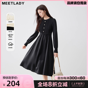 MEETLADY法式 毛衣收腰连衣裙长裙子 黑色针织连衣裙女秋冬2024新款