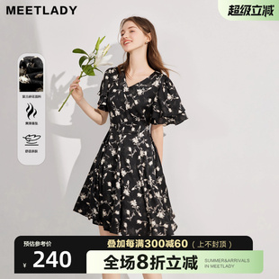 A字裙小黑裙子 MEETLADY法式 优雅V领连衣裙女2025夏季 新款 荷叶边袖