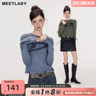 MEETLADY小众设计破坏感毛衣女冬季 显瘦圆领套头针织上衣 修身 新款