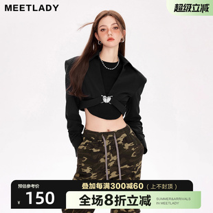 MEETLADY高级短款 立体金属廓形上衣 垫肩小西装 外套女2023春秋新款
