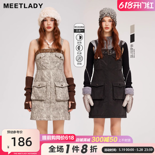 新设计感小众显瘦短款 MEETLADY高级羽绒连衣裙2023冬季 黑色背带裙