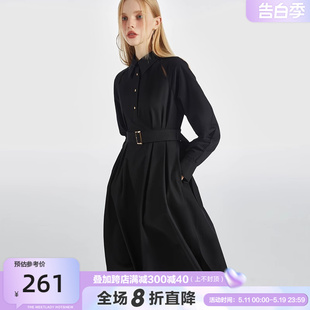 MEETLADY潮流轻奢名媛连衣裙女2024春秋装 设计感小众高级黑色长裙