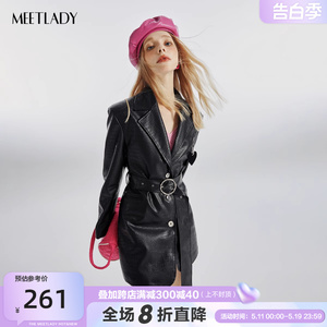 MEETLADY肌理感黑色皮衣外套女2023秋季新欧美高街设计感小众上衣