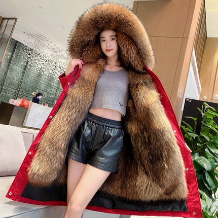 派克服冬季女加绒加厚皮毛一体中长款可拆卸内胆皮草外套大衣棉服