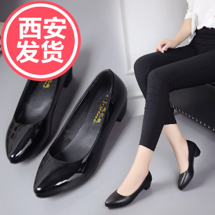 浅口尖头空姐女鞋 3cm小低跟粗跟鞋 ol正装 职业中跟工装 黑色皮鞋