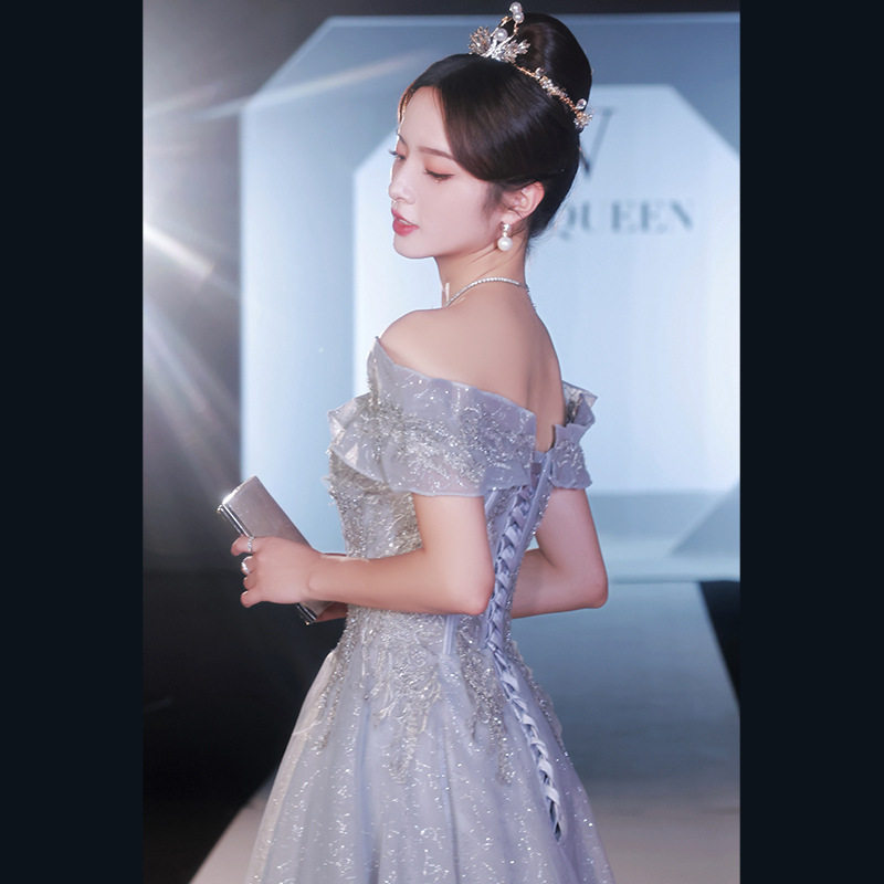 一字肩灰色晚礼服公主裙显瘦气质轻奢小众宴会主持人质感礼服裙女,女装/女士精品,婚纱,淘宝优惠券,粉丝福利购,淘宝优惠卷