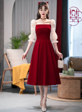 礼服裙连衣裙酒红色订婚敬酒服