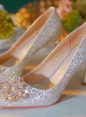 高8厘米大码42.43水钻新款主题婚纱新娘鞋伴娘水晶细跟高跟鞋女