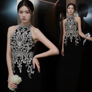 晚礼服典雅高贵黑色挂脖订婚生日晚宴年会钢琴演出主持人婚纱礼服