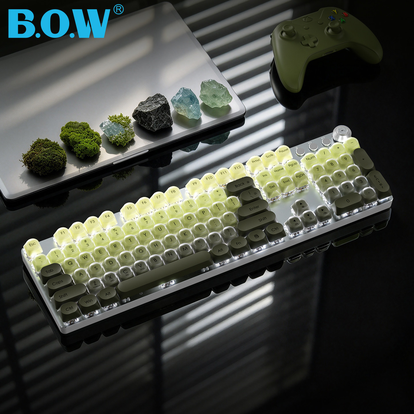 BOW航世 苔藓绿三模无线蓝牙有线机械键盘鼠标套装女生办公高颜值