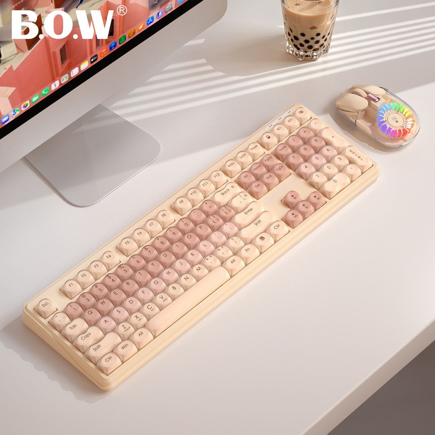 BOW航世 三模有线无线蓝牙键盘鼠标套装RGB背光高颜值打字静音
