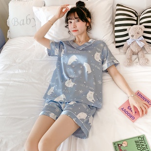 冰丝睡衣女夏季 套短袖 薄款 仿真丝可爱学生网红夏天家居服两件套装