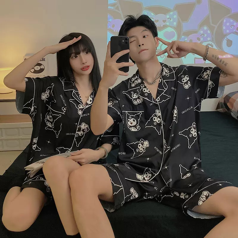 夏季冰丝短袖情侣睡衣家居服套装