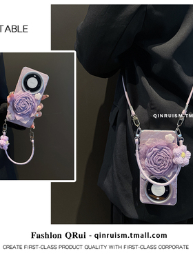 淡紫色丝绸立体花朵适用华为mate70/60pro手机壳p70/60pro新款nova13/12pro小众防摔小众手提斜挎保护套