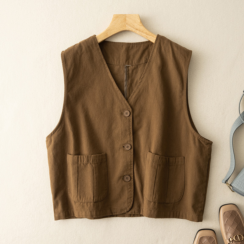 新款文艺复古简约V领双面精梳棉马甲大口袋坎肩春季外套~清仓撤柜
