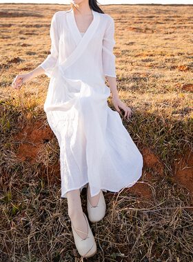 捡漏~新中式斜襟系带白色国风禅意茶服天丝麻交领连衣裙子女