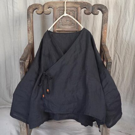 交叉领盘扣系带斜襟苎麻开衫汉服佛性禅外套外披茶服女~清仓撤柜