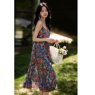 2026春夏新款苎麻印花飘逸吊带连衣裙女式度假风沙滩裙~清仓活动