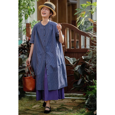 清仓捡漏日系纯棉格子宽松衬衫裙女新款夏季短袖叠穿蓝色长款衬衣